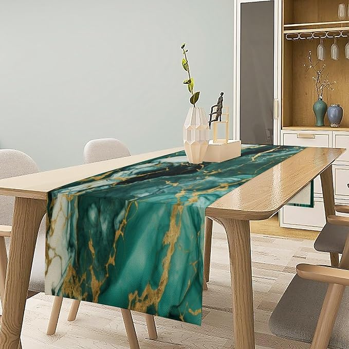 Marble Table Runner,Modern Luxury Abstract Art Teal Marble Texture Pattern Table Runner for Coffee Table Dining Room Table Bedroom Party Holiday Decor 13x120inch