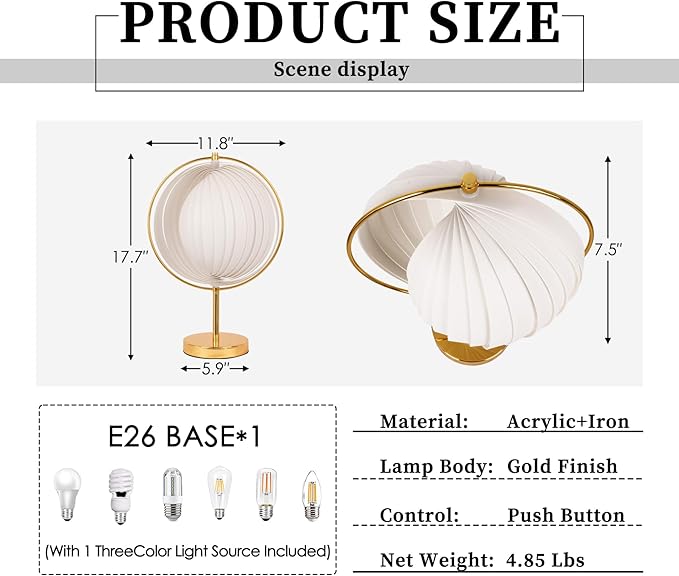 Fandian Flexible Pleated Table Lamp, Bedside Nightstand Lamp with Beige Lampshade, Morden Desk Lamp for Bedroom Home Office Decor, E26 Bulb Included