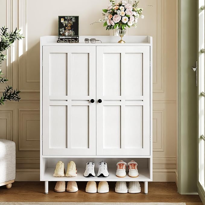 ComfyCorner White 7+1 Tier Farmhouse Shoe Storage Cabinet - 45" Tall Entryway Organizer with Cross Molding Doors, 3 Adjustable Shelves & Metal Legs, Shoe Rack for Front Door Entrance