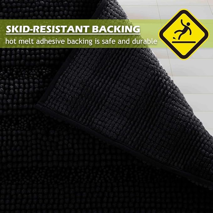 KGORGE Water Absorbent Bathroom Rugs - Black Bath Mat Non-Slip Thick Shaggy Floor Cover Quick Drying Shower Carpet for Toilet Shower Kitchen Gifts, 47" x 24"
