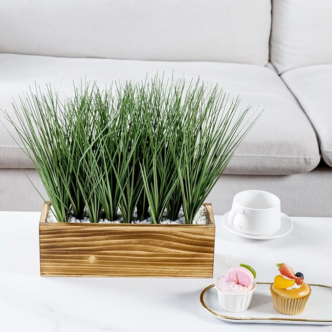 MyGift Artificial Grass Plants in Rustic Burnt Solid Wood Planter Box, 12 Inch Decorative Wooden Container with Faux Greenery Plant, Indoor Table Decor