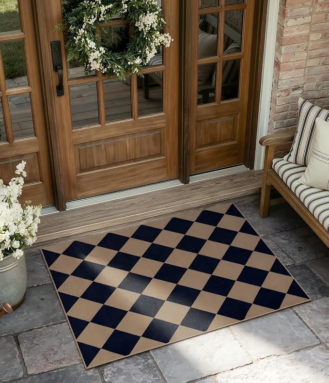 Lahome Colette Checkered Easy Jute Kitchen Rug, 2x3 Indoor Door Mat Small Neutral Area Rug, Farmhouse Diamond Non Slip Non Shedding Lightweight Floor Carpet for Entry Porch