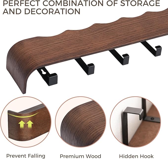 Coat Rack Wall Mount with Shelf Entryway Shelf Modern Key Holder Hanger Wall Shelves with Hidden Hooks for Hanging Towels Coats Hats Bags for Hallway Bathroom Bedroom(Wavy Walnut Color, 5 Hooks)