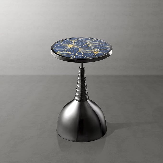 Homes: Inside + Out Halric Modern 24" Tall Round End Table with Decorated Tabletop and Iron Metal Base, Accent Furniture, Elegant Pedestal Stand for Living Room, Home Office, Black with Floral Print