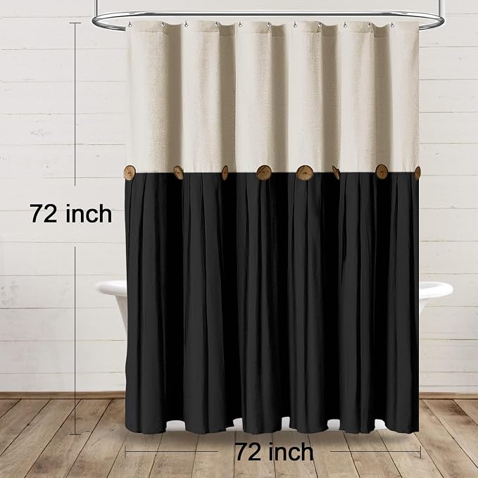 Farmhouse Shower Curtain Linen Button Woven Fabric Country Rustic Western, Cream & Black 72" W x 72" L