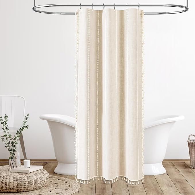 BTTN Boho Shower Stall Curtain - 36x72 Narrow Linen Ultra Thick Striped Tassel Fabric Shower Curtain Set with 6 Hooks, Half Modern Farmhouse Cottage Weighted Shower Curtains for Bathroom - Cream/Beige
