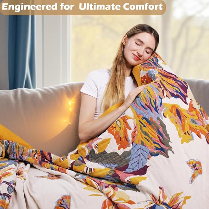 VANJOROY Boho Throw Blanket, 100% Organic Cotton Ultra Soft 50" x 60" Throw for Couch and Bed - Skin-Friendly Embroidery Cozy All Season Rustic Floral Decor Chair Blanket -Beige