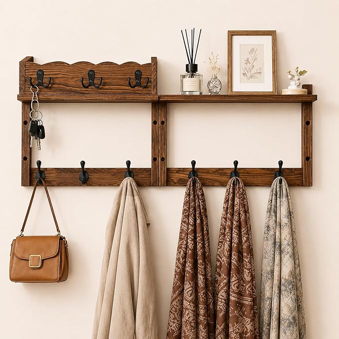 28" Coat Rack Wall Mount with Shelf, Entryway Wall Mounted Coat Rack Wood Wall Coat Hooks with 7 Hooks 3 Key Hanger, Key Holder Wall Mount Mail Holder for Living Room, Bedroom