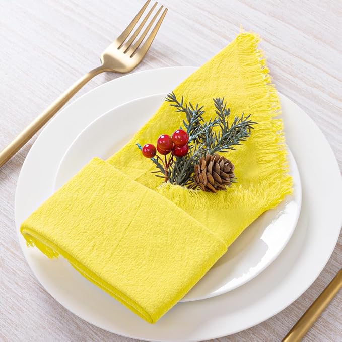 DeZerlor 6 Pack Lemon Yellow Cotton Linen Napkins with Fringe Summer Cloth Napkins Set of 6 Boho Handmade Dinner Napkins Bulk for Wedding Bridal Baby Shower Parties, 17 x 17 Inches