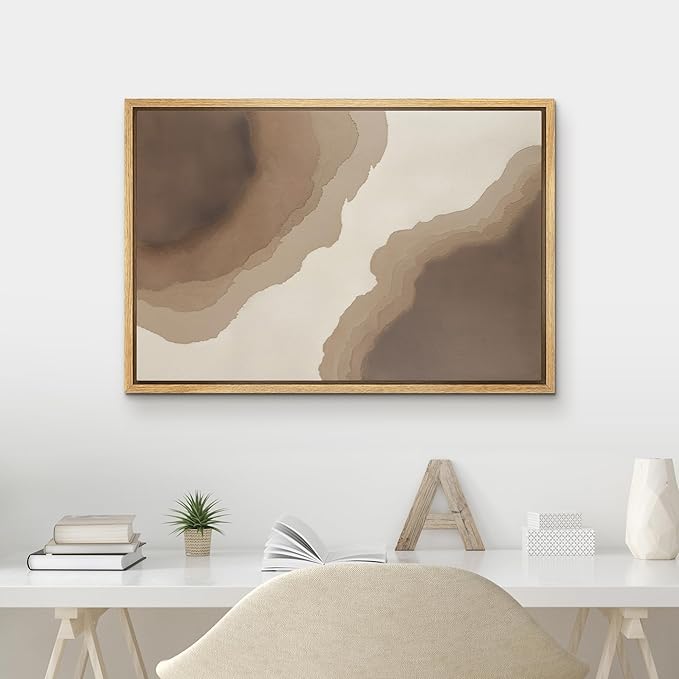 MUDECOR Framed Canvas Print Wall Art Neutral Earth Tone Abstract Flow Illustrations Minimalism Decorative Bohemian Zen for Living Room, Bedroom, Office - 24"x36" NATURAL