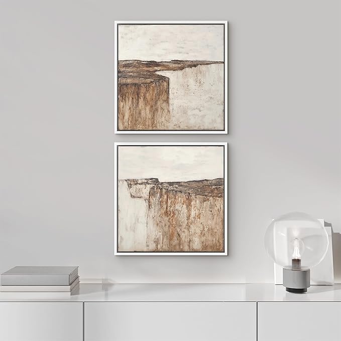SIGNFORD Framed Canvas Print Wall Art Set Minimalist Abstract Canyon Cliff Neutral Earth Tone Landscape Modern Art Relax/Calm for Living Room, Bedroom, Office - 16"x16"x2 WHITE