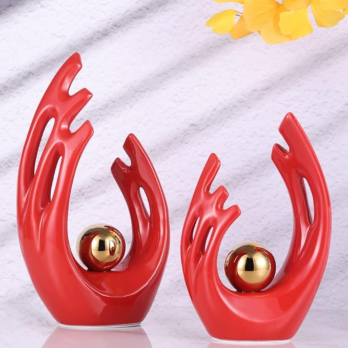 LCCCK 9.5" H Red Gold Aesthetic Room Decor Accent, TV Stand Funky Table Centerpiece, Abstract Art Ceramic Statue and Sculpture, Red Decor for Living Room, Bookshelf Decorative Objects, Shelf Decor