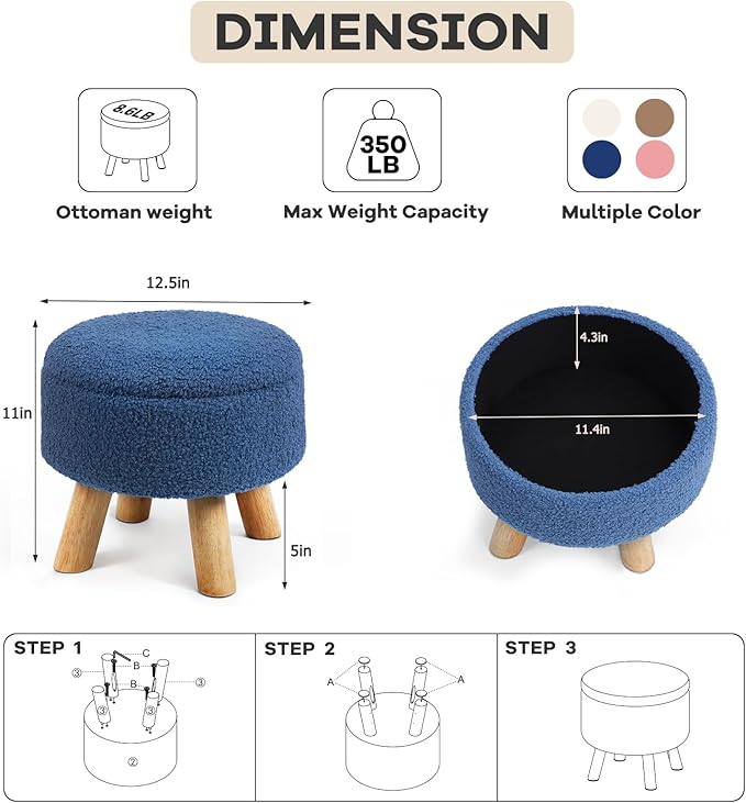 OGEMXU Ottoman Foot Rest, Small Round Ottoman with Storage, Boucle Teddy Velvet Footstool with Wood Legs, Soft Sponge Storage Ottoman for Living Room, Bedroom, Couch, Enterway (Dark Blue)