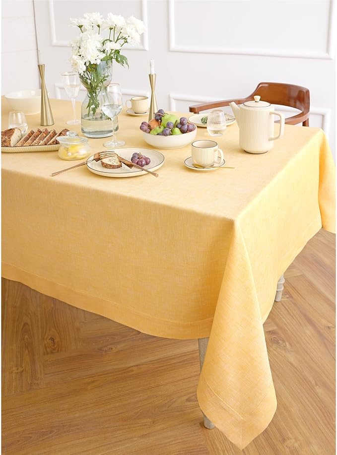 Solino Home Linen Tablecloth 60 x 132 Inch - 100% Pure Linen Chambray Mustard Yellow Table Cloth for Rectangular Tables - Athena, Machine Washable Cloth Tablecloth for Summer