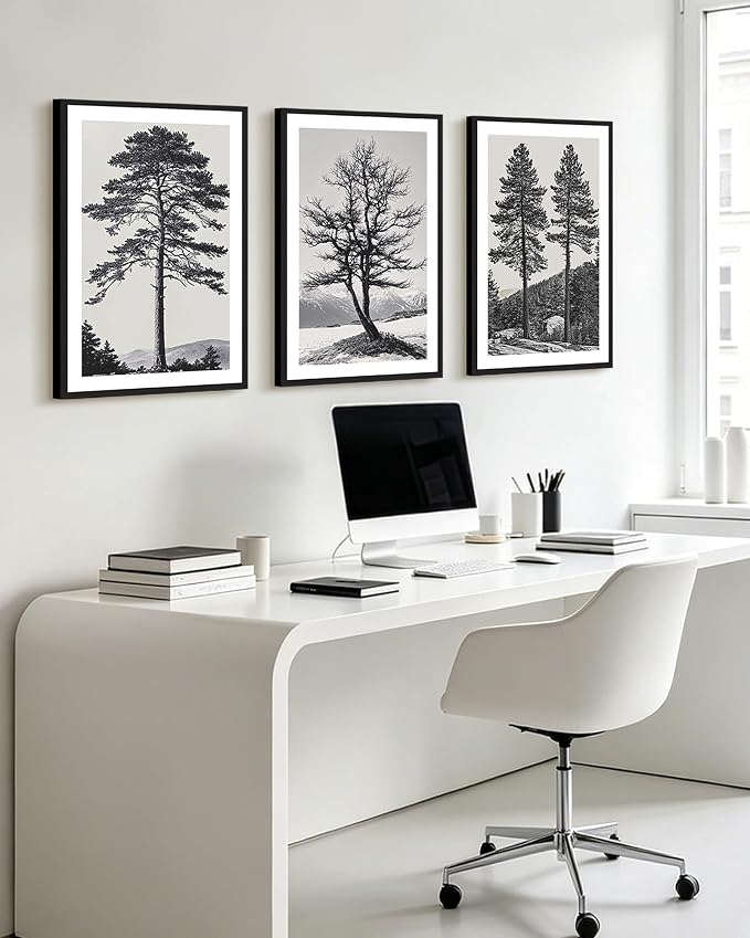 PHOPAGO Vintage Tree Framed Wall Art 16x24in Antique Retro Forest Wall Decor Nature Wilderness Sketch Paints Modern Decor - Black Framed