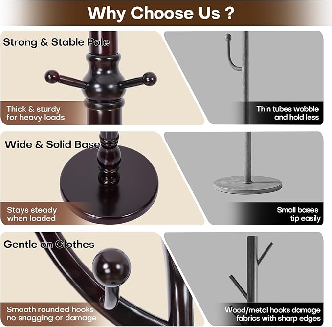 Freestanding Rubberwood Coat Rack, 11 Hooks & 16.5" Wide Round Base, Wooden Coat Rack Stand, Coat Hanger Free Standing Hall Tree for Entryway, Hallway, Bedroom, Jacket, Clothes (Wine Red)