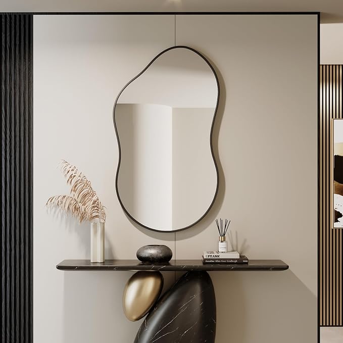 Irregular Wall Mirror - 26''×46'' Asymmetrical Decorative Tempered Glass Aluminum Alloy Framed Mirrors Cloud Mirror Wavy Mirrors for Bathroom, Bedroom, Living Room, Entryway（Black）