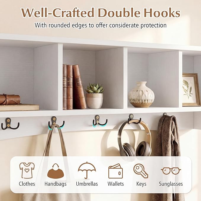 Giantex Wall Mounted Coat Rack, 28.5'' Wooden Floating Shelf with 4 Cubbies & 5 Double Hooks, Modern Space-Saving Storage Display Organizer for Entryway, Hallway, Mudroom (White)