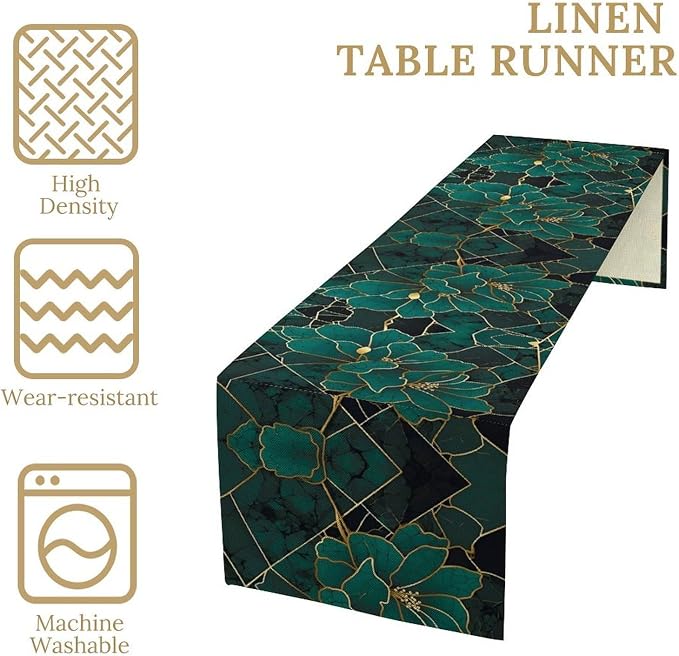 Emerald Marble Table Runner, Dark Green Abstract Flowers Accent Table Runner for Kitchen Dining Party Wedding Decor, 13x120 Inch