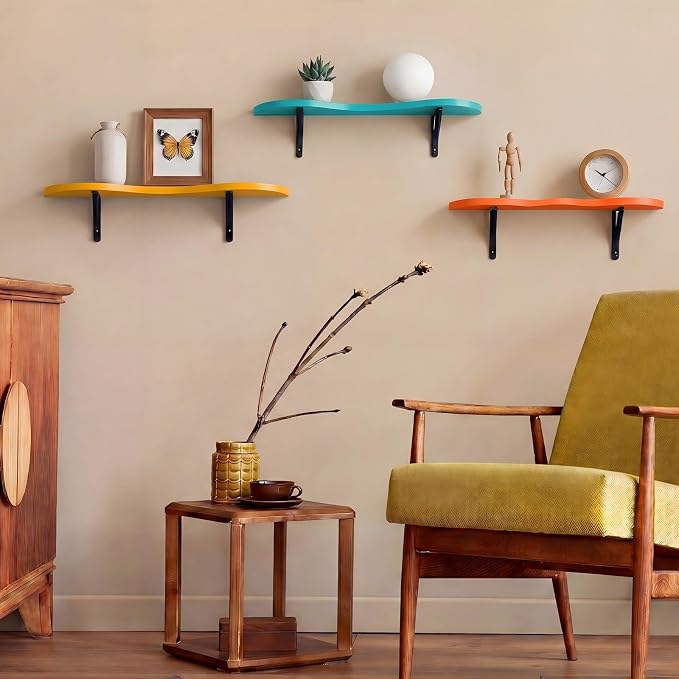 AceOrbit 3 Pcs Floating Shelves Wavy Cloud Shelves Wooden Shelf Live Edge Wall Mount Shelf Rustic Farmhouse Modern Ledge for Bedroom Living Room Home Decor Housewarming Gifts (Mid Century Color)