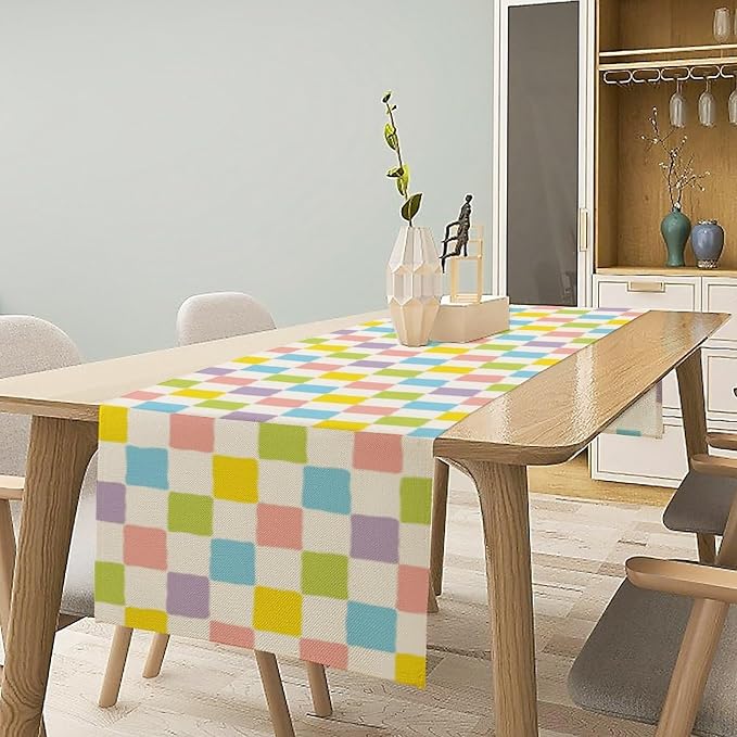 Colourful Hippie Table Runner Green Blue Purple Pink Modern Geometric Square Home Dinner Runner for Living Room Kitchen Party Holiday Dinner Home Decor 13x120in