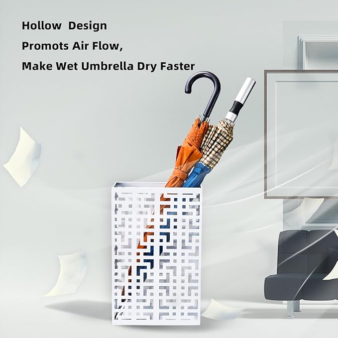 BEWBBAT Umbrella Holder Stand for Entryway, Square Metal Umbrella Rack, Freestanding Rectangular Hollow Rack for Home Office, 16 x 10 x 5 Inch, White