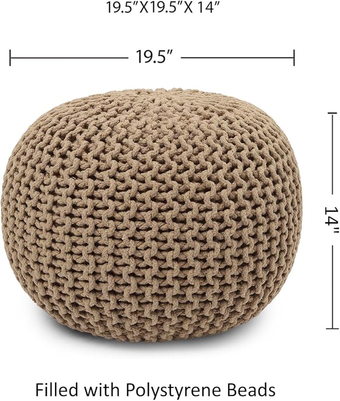 REDEARTH Round Pouf Ottoman - Hand Knitted Cable Boho Poof Home Décor Pouffe Circular Footrest for Living Room - Bedroom - Lounge - 100% Cotton (19.5"x19.5"x14") - Beige
