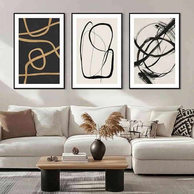 SAFERRYHOME Abstract Graffiti Black and White Wall Art Black and Gold Framed Canvas Print Set, Mid-Century Modern Geometric Sketches Lines for Living Room, Bedroom, Office - 3 Panels 16x24 Inch