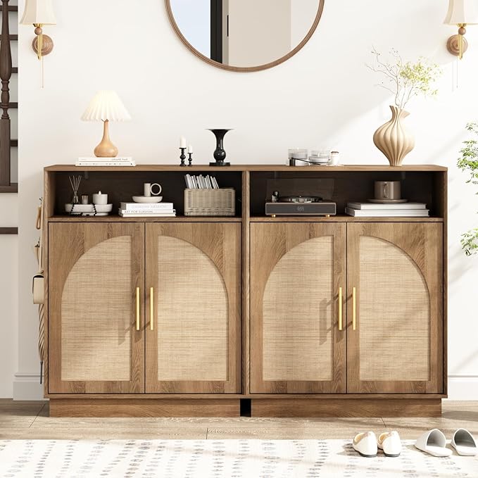 HOKYHOKY Rattan Shoe Storage Cabinet with 2 Arched Doors, 5-Tier Deep Shoe Organizer with Adjustable Shelves, Farmhouse Boho Shoe Rack Cabinet for Entryway,Rustic Oak