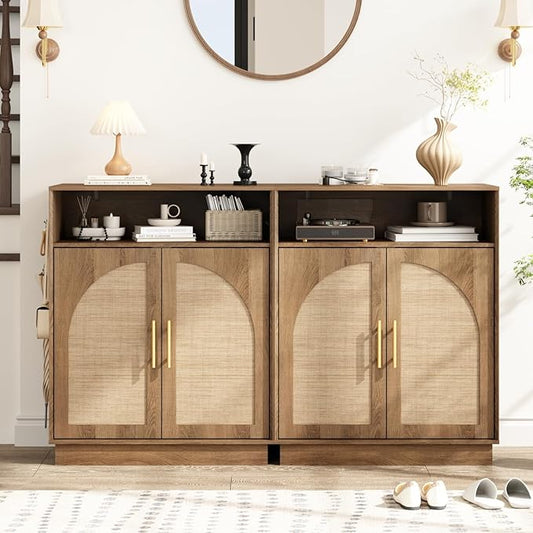 HOKYHOKY Set of 2 Rattan Shoe Storage Cabinet with 2 Arched Doors, 5-Tier Wood Shoe Organizer with Adjustable Shelves, Farmhouse Boho Shoe Rack Cabinet for Entryway,Rustic Oak