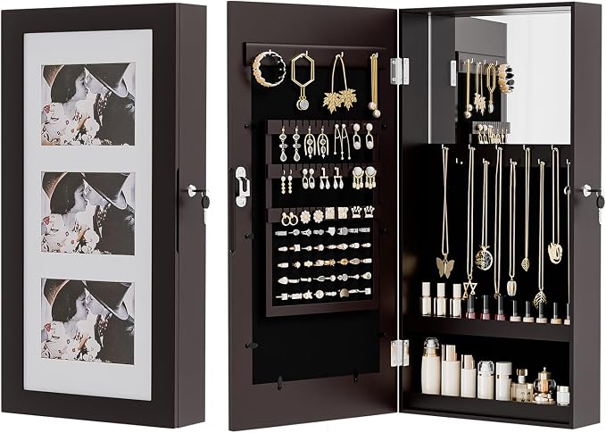 VINGLI Brown Wall-Mounted Jewelry Organizer for Women, 3-in-1 Photo Frame, Mirror & Lockable Storage Cabinet, Hanging Jewelry Box for Earrings, Rings, Necklaces, and Bracelets, Space-Saving Gift