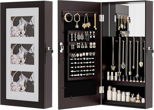 VINGLI Brown Wall-Mounted Jewelry Organizer for Women, 3-in-1 Photo Frame, Mirror & Lockable Storage Cabinet, Hanging Jewelry Box for Earrings, Rings, Necklaces, and Bracelets, Space-Saving Gift