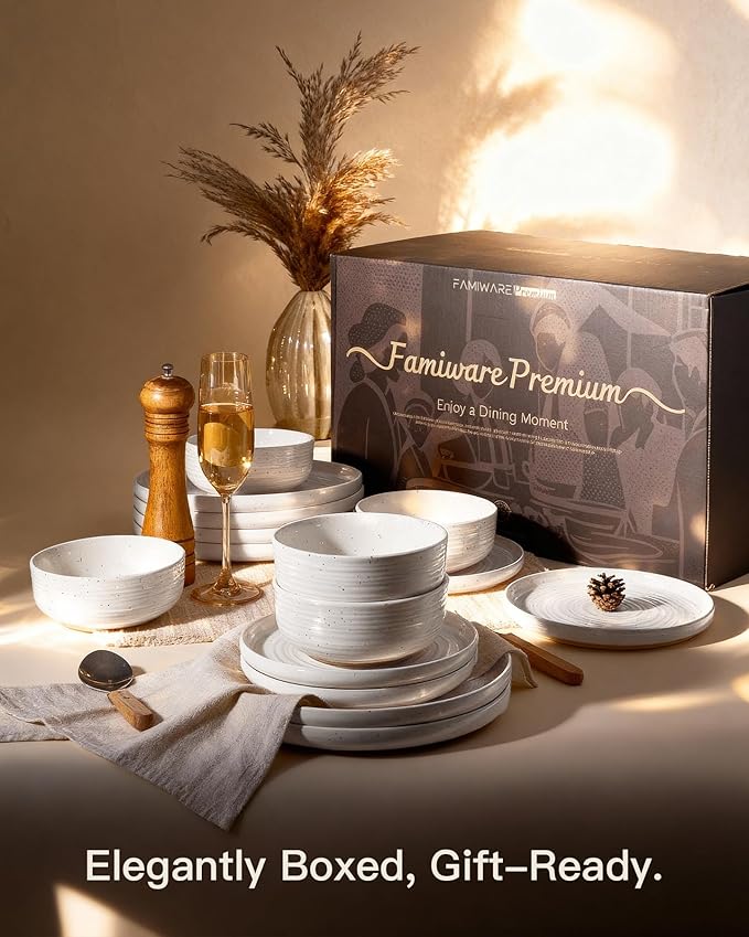 24-Piece Stoneware Dinnerware Set – Flared Plates and Bowls with Reactive Glaze, Speckles & Spirals, Chip & Scratch Resistant Dishes, Dishwasher Safe, Service for 8, Gift Box, White