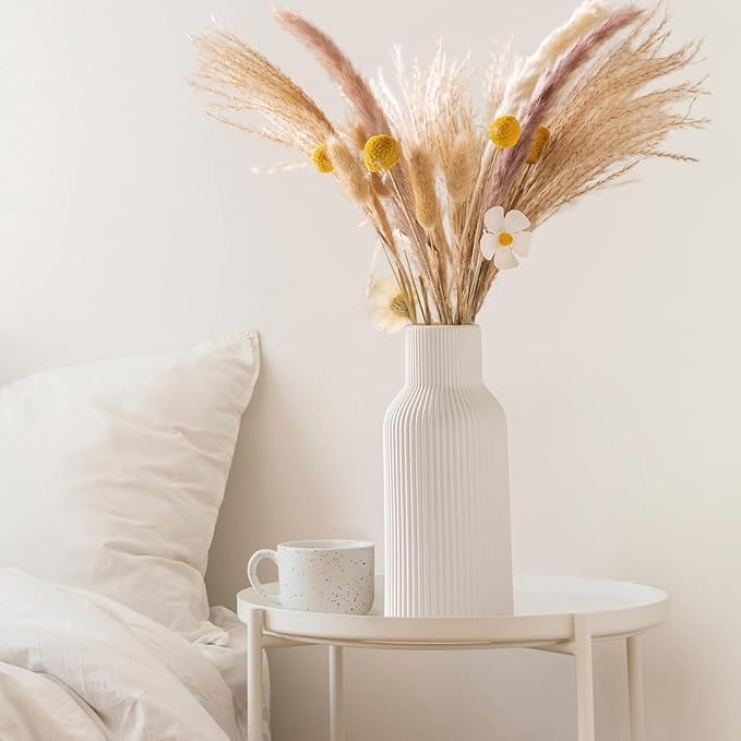 White Ceramic Vases Set of 3, Modern Matte Round 3D Vertical Ribbed, Nordic Minimalist for Pampas, Dried & Fresh Flowers, Centerpiece for Living Room, Shelf, Entryway, Wedding,Office