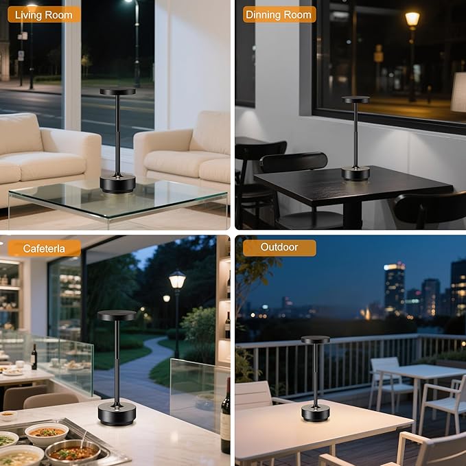2-Pack Cordless Table Lamp Rechargeable, 5000mAh Battery Operated LED, Touch 3-Color Stepless Dimming, IP54 Waterproof Wireless Lamp for Bedroom Dining Restaurant Patio Outdoor – Black
