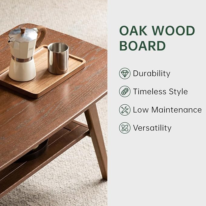100% Solid Wood Coffee Table for Living Room, 31.5" Small Tables with Shelf Storage, Mid Century Modern Storage Coffee Table with Rounded Corners (Oak Wood Walnut Color)