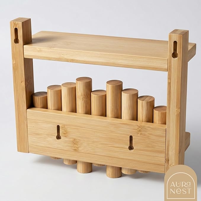 Bamboo Wall Mounted Coat Rack with Shelf Flip Down Wooden Hooks for Entryway Hallway Bedroom | Natural Piano Hanger, 3 Hooks, Space Saving Organizer