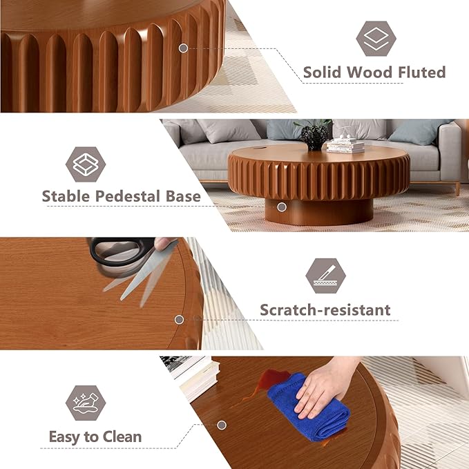 39.37'' Wooden Round Coffee Table with Storage, Modern Luxury Circle Drum Center Tables with Solid Wood Fluted, Accent Round Coffee Table for Living Room Apartment Small Space, Walnut