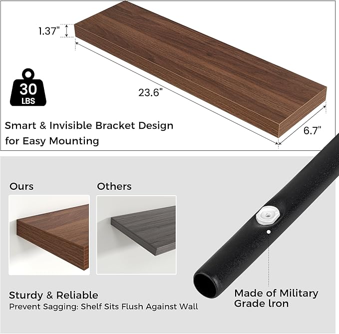 Venusmiles Floating Shelves for Wall 24 inch Long, Engineered Wood Wall Shelves with Invisible Brackets for Living Room Bedroom Bathroom Office Kitchen Decor and Storage, Walnut Finish, Set of 2