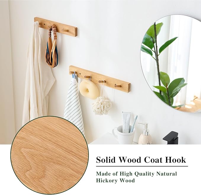 Hickory Wood Coat Rack Wall Mount 12 inches, Wooden Coat Hooks with 3 Hooks Coat Hanger for Hanging Hat Jacket Purse, Wall Hooks for Entryway, Bathroom, Bedroom, Natural