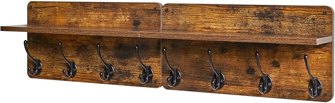 YMYNY Coat Rack Shelf Wall Mounted, Wooden Coat Hooks Set of 2, Entryway Coat Hanger with 8 Hooks,31.5''L Floating Shelves, Key Holder, for Kitchen, Bathroom, Living Room, Rustic Brown, UHWS006H-2
