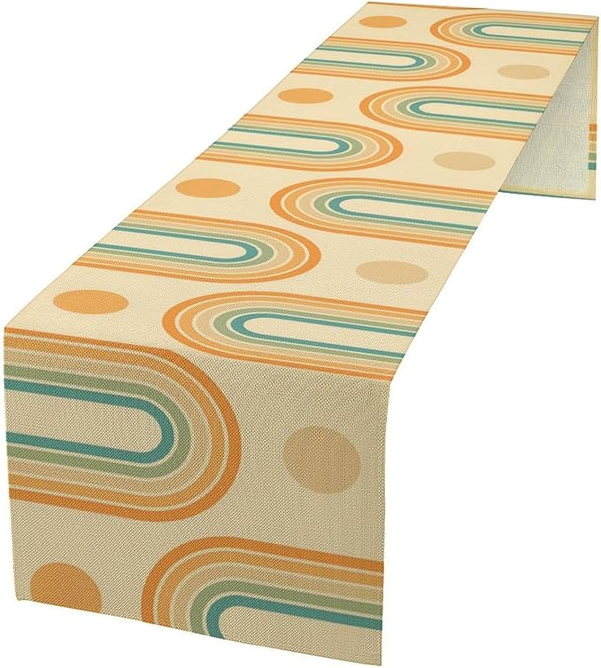 Mid Century Modern Table Runner, Colorful Rainbow Neutral Groovy Curved Sun Table Runner for Kitchen Dining Home Party Birthday Party Decor, 13x120 Inch