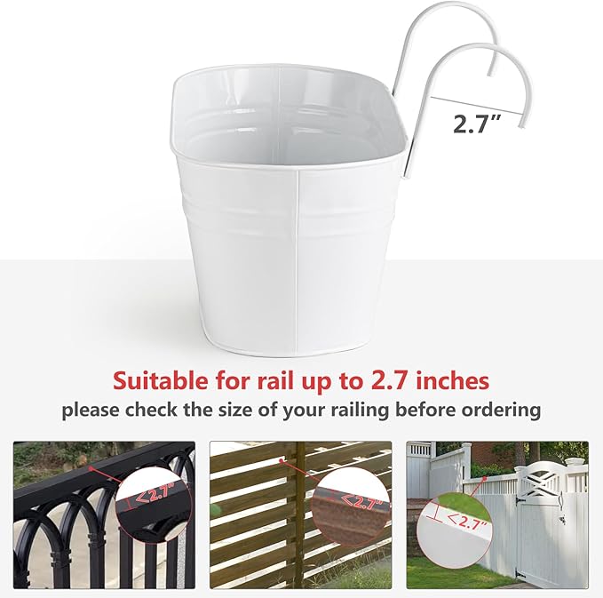 Dahey 4 Pcs Metal Iron Hanging Flower Pots for Railing Fence 15.7 Inch Hanging Bucket Pots Countryside Style Window Flower Plant Holder with Detachable Hooks for Garden Yard Home Decor, White