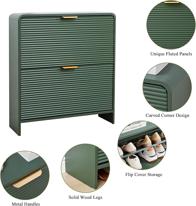 RARZOE Fluted Shoe Cabinet with 2 Flip Drawers, Narrow Curved Shoe Storage Cabinet for Entryway, Freestanding Wood Hidden Shoe Organizer Closed Shoe Rack Cabinet for Foyer, Hallway (29.5''Green)