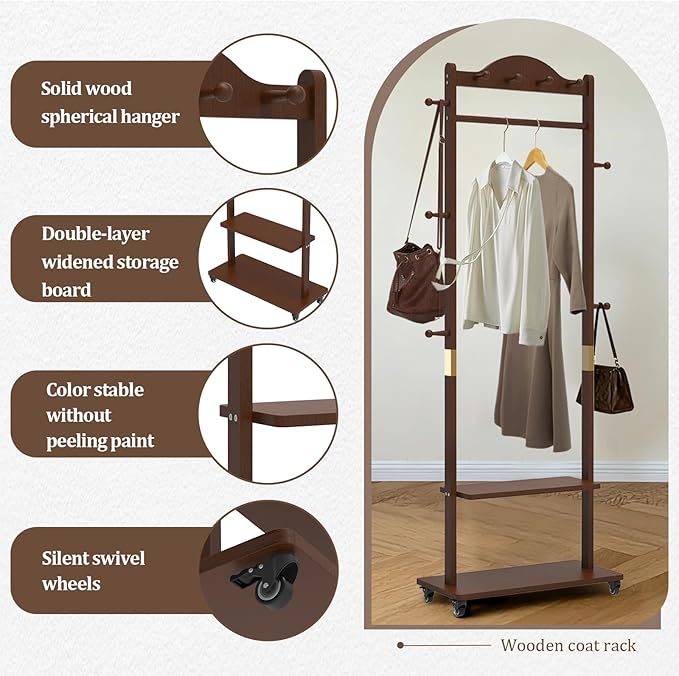 Solid Wood Clothing Rack with Wheels 2 Shelves Storage & 9 Hooks Heavy Duty Coat Rack Freestanding Clothes Rack Coat Tree Stand Hat Hanger Rack for Living Room Corner,835 Walnut