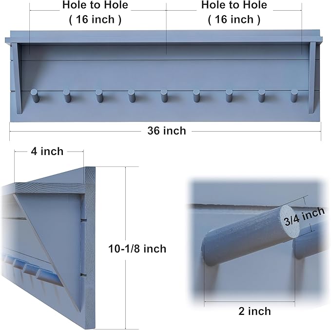 WEBI Coat Rack Wall Mount with Shelf,36" Long Entryway Wall Shelf with Hooks Underneath,9 Peg Hooks for Hanging Coats,Caps,Jacket,Clothes,Light Blue