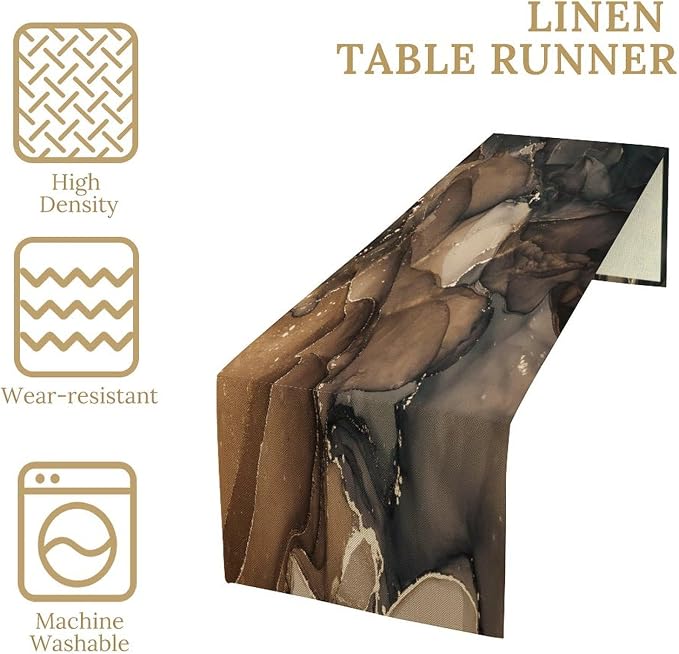Marble Table Runner,Abstract Brown Black Gold Luxury Flow Liquid Modern Home Vintage Stone Pattern Table Runner for Coffee Table Dining Room Table Bedroom Party Holiday Decor 13x120inch