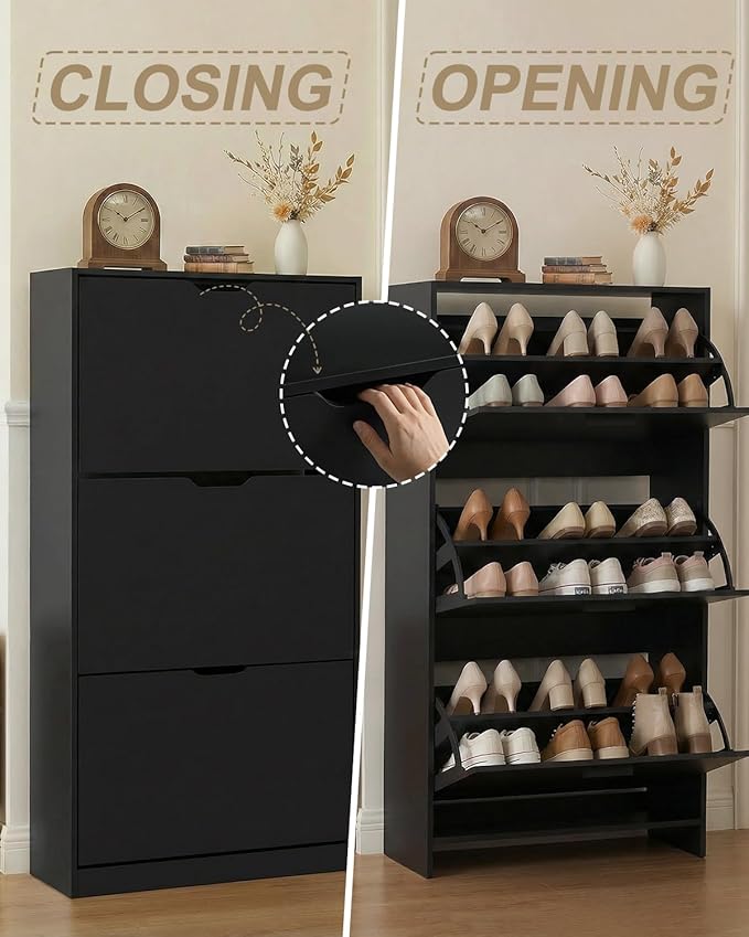 Shoe Cabinet with 3 Flip Drawers, Hidden Wood Shoe Cabinet，Narrow Shoe Rack Cabinet，Freestanding Organizer Storage for Hallway or Hallway, Black