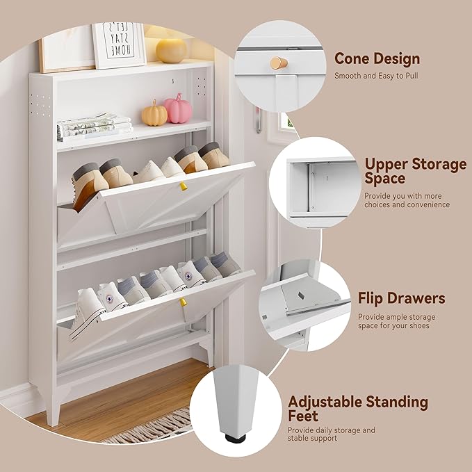 Silm Shoe Cabinet with 2 Flip Drawers,Hidden Shoe Storage Cabinet,Metal Freestanding Organizer,Narrow Shoe Cabinet Storage for Entryway,Hallway,Living Room(2 Door, White)