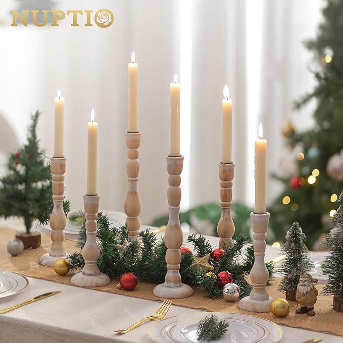 NUPTIO Candlestick Holders Wood for Home: Set of 3 Tall Farmhouse Taper Candle Holders for Christmas Gift Mantel Decor